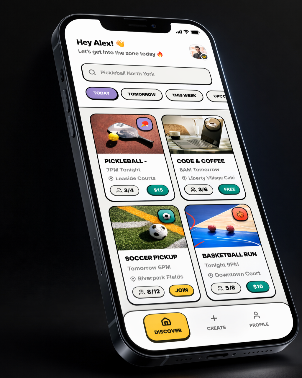 High-fidelity mobile app UI screen showing a dark mode sports/social scheduling interface with purple accents, brutalist typography, showing a list of upcoming matches and player availability. Tilted in 3D perspective.